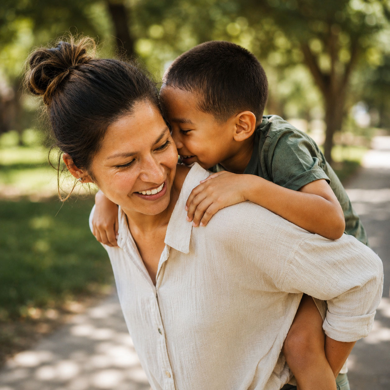 A caregiver smiling while giving a child a piggyback ride