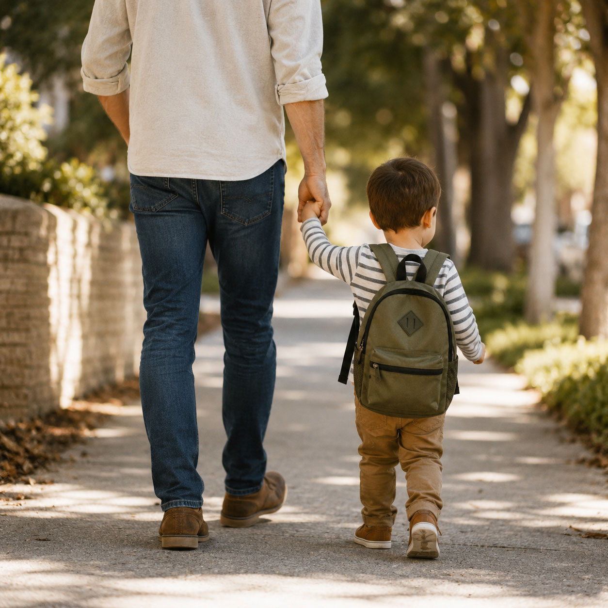 An adult holding hands with a child wearing a backpack